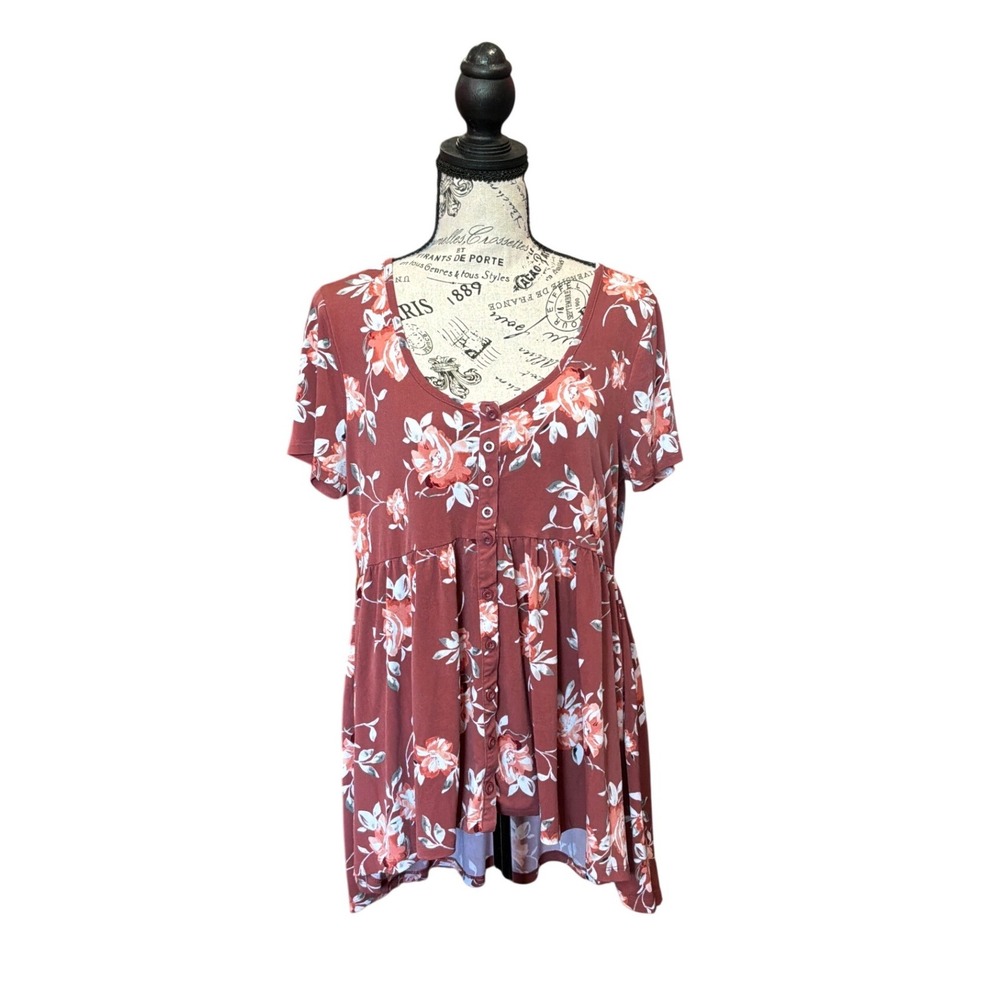 Torrid Womens 00 Floral Babydoll Tunic Top Rust Orange Button Front Short Sleeve